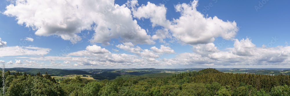 Beautiful summer panorama of landscape in eifel from view point tower Dietzenley, Germany, Gerolstein