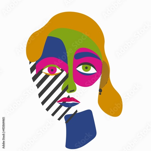 Surreal Cubism face. Woman's Face continuous Line art. Abstract Contemporary collage of geometric shapes in a modern trendy style. Vector Portrait of a female. For Beauty Concept, t-Shirt Print,