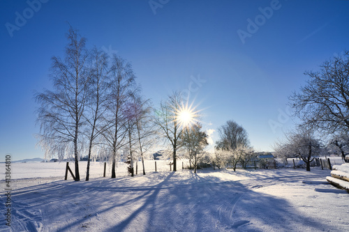 Wunderschöne Landschaft bei Eis und Schnee, Sonne und Sonnenstern scheinen durch die Äste der Bäume, Eislandschaft © Angelika Beck