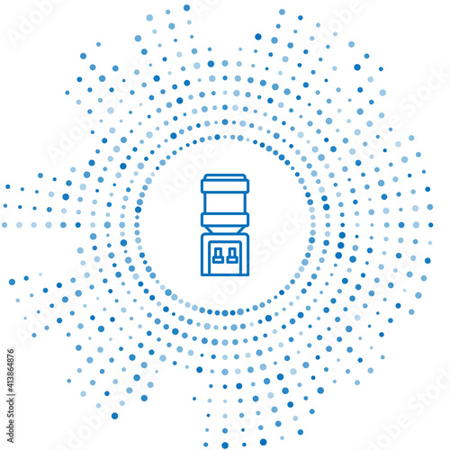 Blue line Water cooler for office and home icon isolated on white background. Water dispenser. Bottle office, plastic and liquid. Abstract circle random dots. Vector.