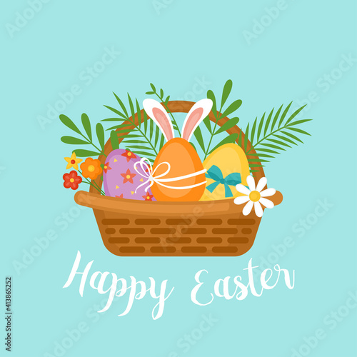 Easter holiday banner design with Easter eggs in basket