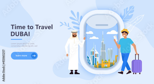 Travel to Dubai concept with landmark icons, tourist characters and airplane window