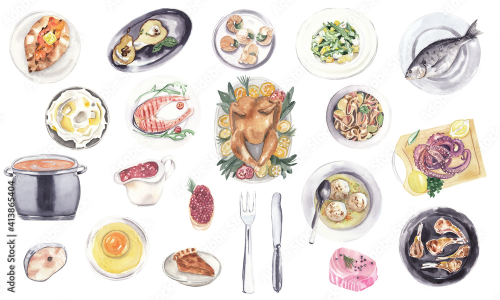 Watercolor hand drawn food set on white.  Delicious dishes, delicacies and traditional  cuisine. Fish, turkey, soup, meat, steake, potato, octopus. Cook book, recipe book and menu