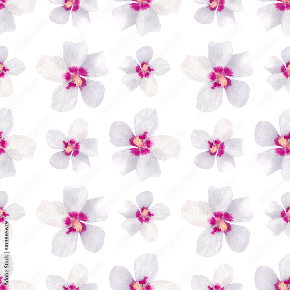Fototapeta premium Seamless pattern with white and pink flowers. Watercolor pattern with bright summer flowers