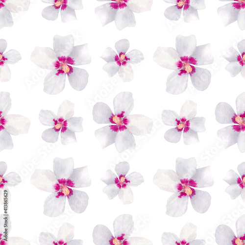Seamless pattern with white and pink flowers. Watercolor pattern with bright summer flowers