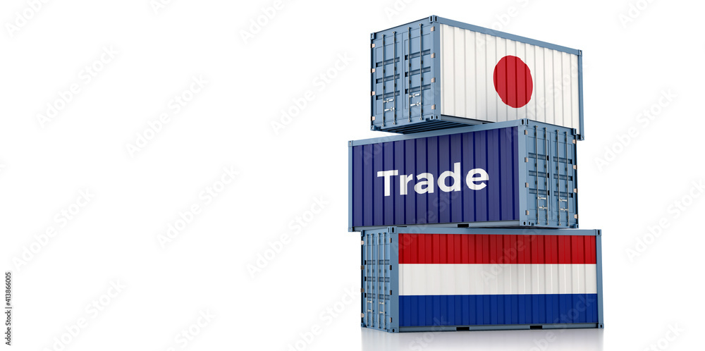 Freight containers with Netherlands and Japan flag. 3D Rendering Freight containers with Netherlands and Japan flag. 3D Rendering