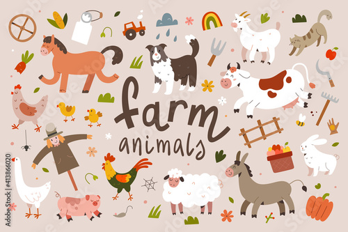 Fototapeta Naklejka Na Ścianę i Meble -  Cute farm animals collection, flat animal illustration, cow, sheep and rooster with face expressions, cartoon characters for kids isolated, flat vector cliparts.