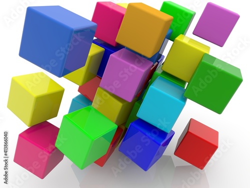 Different colored toy blocks on white