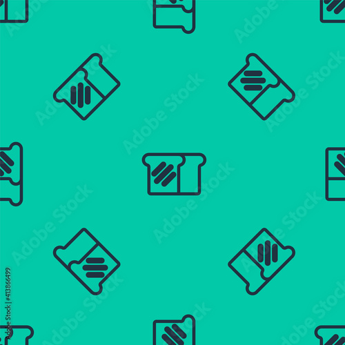 Blue line Bread toast for sandwich piece of roasted crouton icon isolated seamless pattern on green background. Lunch, dinner, breakfast snack. Vector.