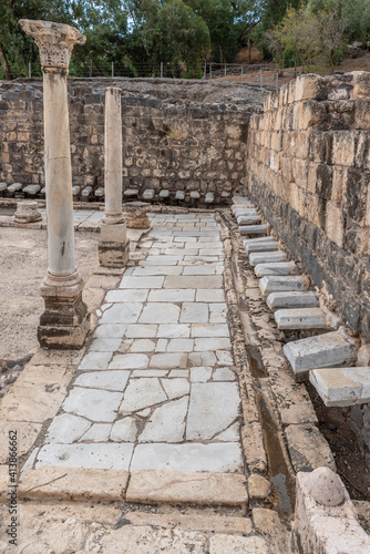 Public Lavatories bathroom with marble seats and decorative columns at Beit She'an in Israel