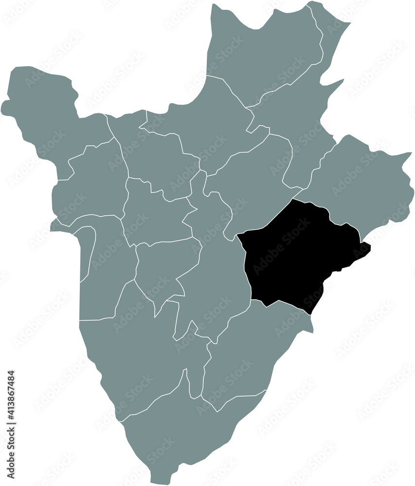 Black location map of the Burundian Ruyigi province inside gray map of Burundi Black location map of the Burundian Ruyigi province inside gray map of Burundi