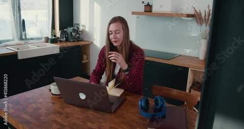 Camera moves around young focused beautiful Caucasian freelancer business woman working with laptop at home table. photo