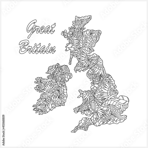Doodle Great Britain map. Eco design. Coloring page book. Hand drawing line art. Sketch vector stock illustration. EPS 10