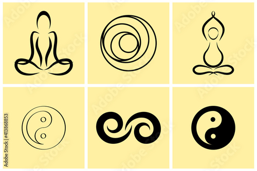 Yoga symbols. Oriental design element. Hand drawn set icon. Doodle vector stock illustration. EPS 10