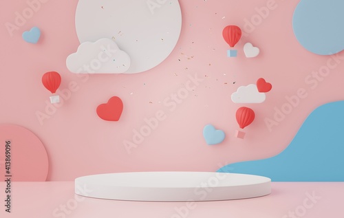 3d rendering of minimal scene of blank podium with Valentine's Day theme. Display stand for product presentation mock up. Cylinder stage in sweet lovely pink color with simple design. © TANATPON