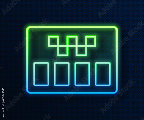 Glowing neon line Taximeter device icon isolated on blue background. Measurement appliance for passenger fare in taxi car. Vector.