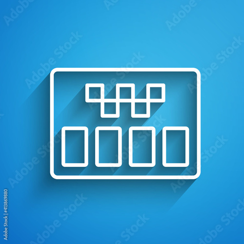 White line Taximeter device icon isolated on blue background. Measurement appliance for passenger fare in taxi car. Long shadow. Vector.