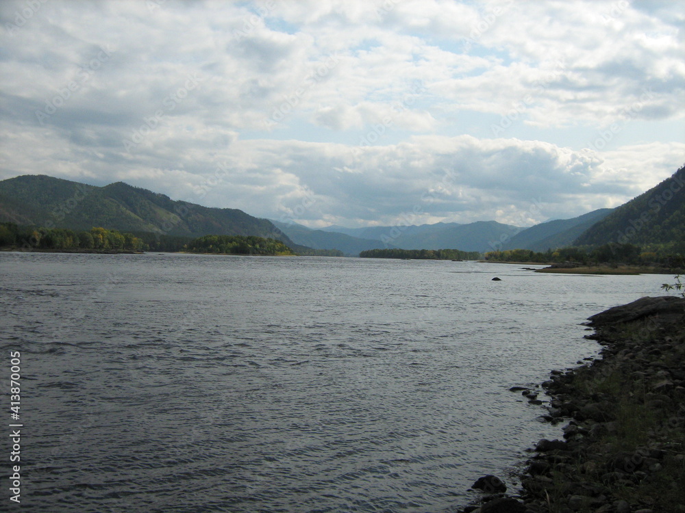 Yenisei River among the mountains and taiga autumn