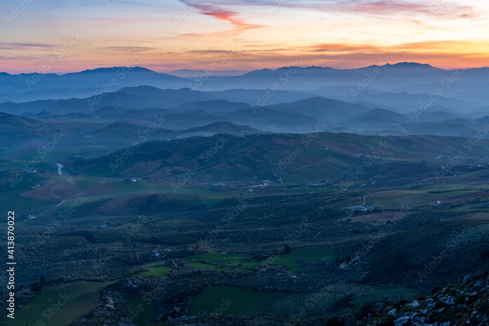 sunset in the mountains of Malaga in southern Spain