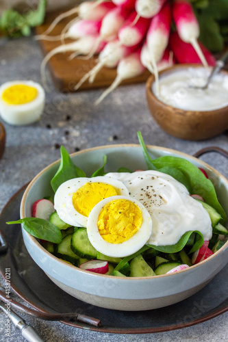 Fresh spring food, healthy vegan lunch bowl. Spinach, cucumber, radish salad and boiled eggs with sour cream.