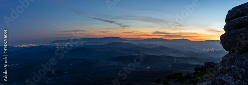 panorama view of the El Torcal Nature Reserve in Andalusia with ist strange karst rock formations at sunset