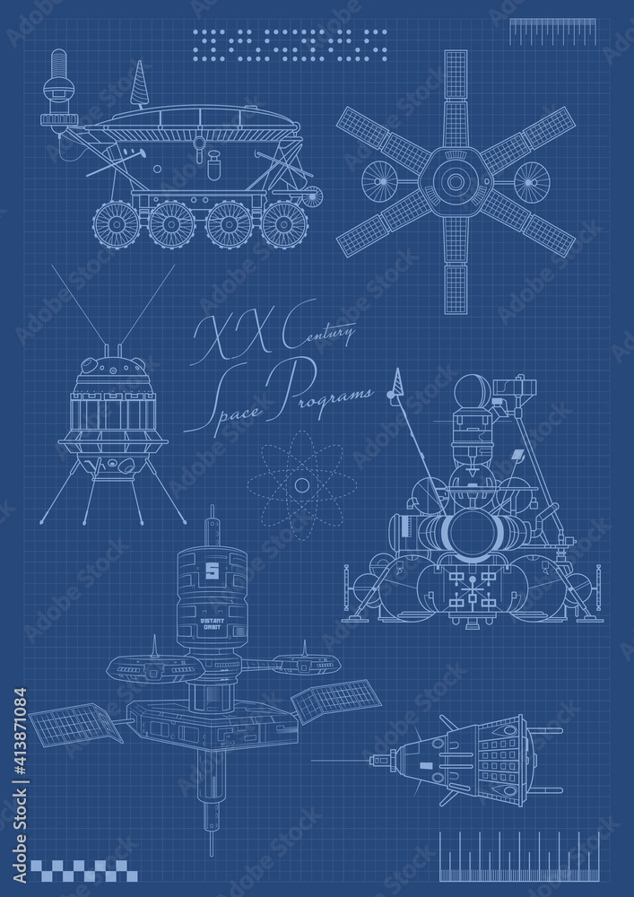 Retro Spacecraft Sketches Old Soviet Space Program Blueprints Engineering Drawings 