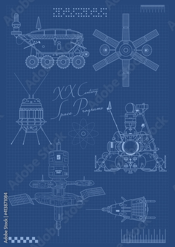 Retro Spacecraft Sketches Old Soviet Space Program Blueprints Engineering Drawings 