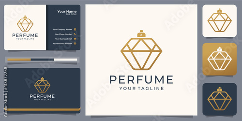 minimalist luxury perfume gold logo. symbol for cosmetic,beauty salon,skin care,product,bottle. logo with business card template. premium vector