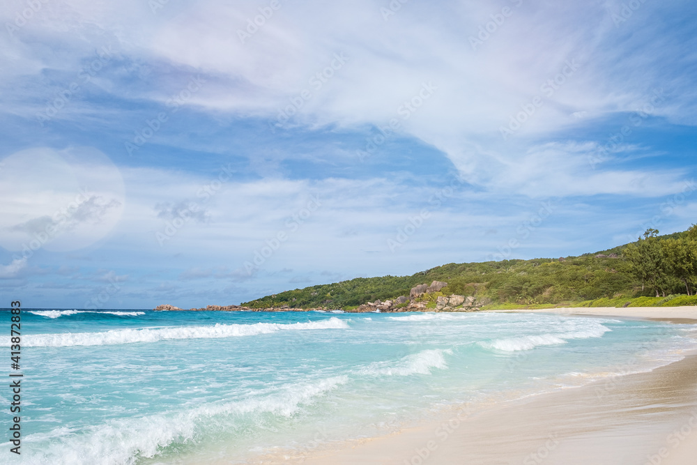 Tropical beach and sea shore at Mahe island, Seychelles
