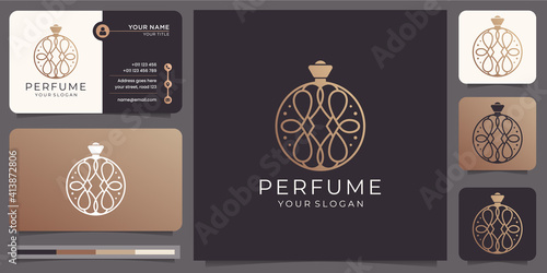 Luxury design for perfume logo template. with circle line art style.logo for salon,beauty,skin care,product,frame,elegant with business card. premium vector