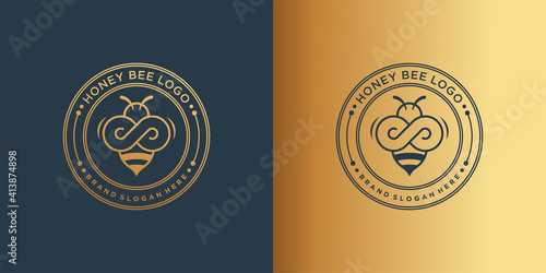 Honey bee logo with golden and creative looking concept Premium Vector