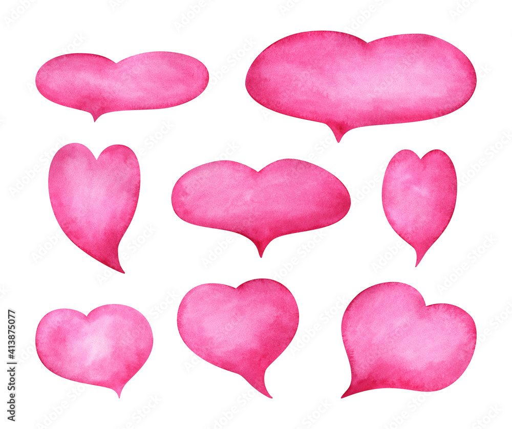 A speech ball in the shape of a heart. A set of cliparts with space for text about love. Watercolor frames for replicas for Valentine's Day . Pink callouts on a white background. Romantic stickers