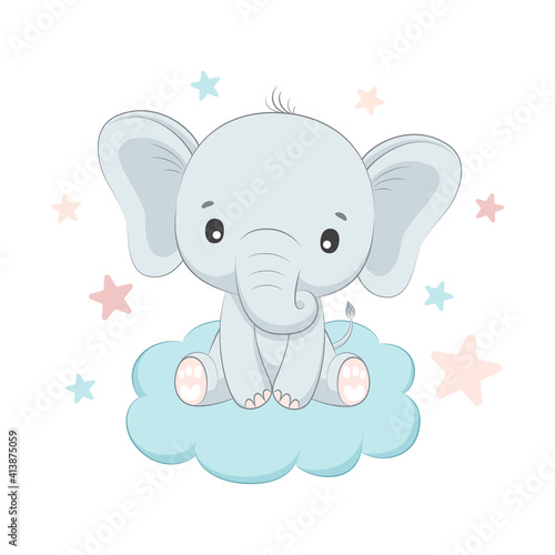 Vector illustration with cute elephant that seeting on the cloud.