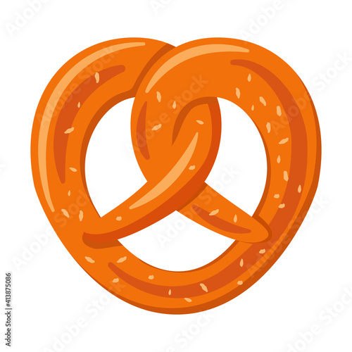 Bavarian pretzel.Vector flat illustration.Isolated on white background.Fresh baked goods concept for websites, flyers, festivals.Octoberfest pretzel logo.Twisted bun with salt for beer.