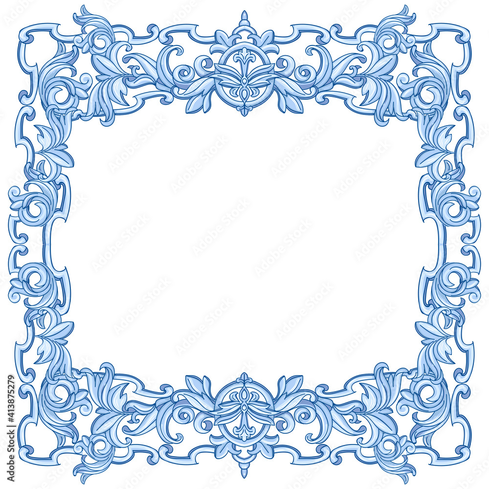 Fototapeta premium Azulejos - Portuguese tiles blue watercolor pattern. Traditional tribal ornament. Vector imitation of ceramics. Artistic Frame Majolica Capri in Baroque and Rococo style