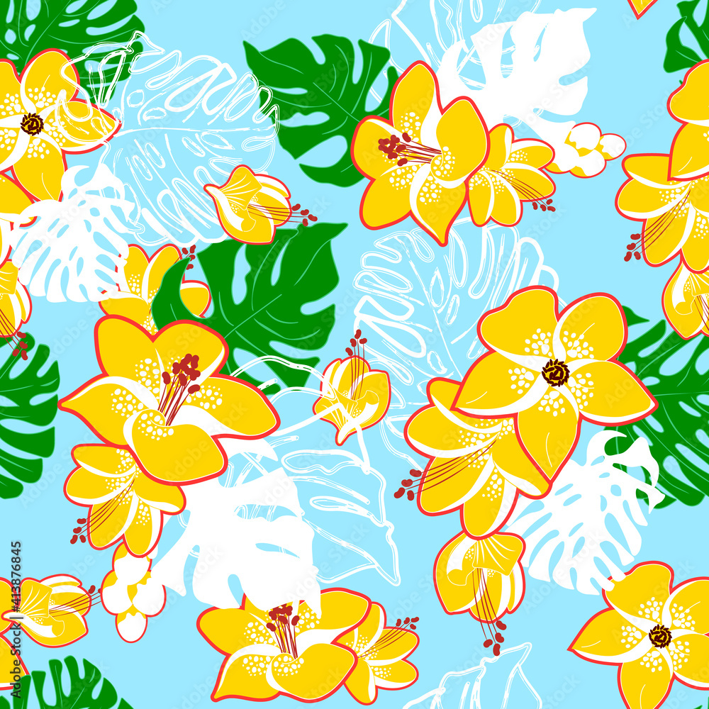 Fototapeta premium Modern abstract yellow flowers and green and white monstera leaves endless wallpaper.Floral seamless pattern.Botanical background.Trendy fabric design,wrapping paper.Vector illustration.