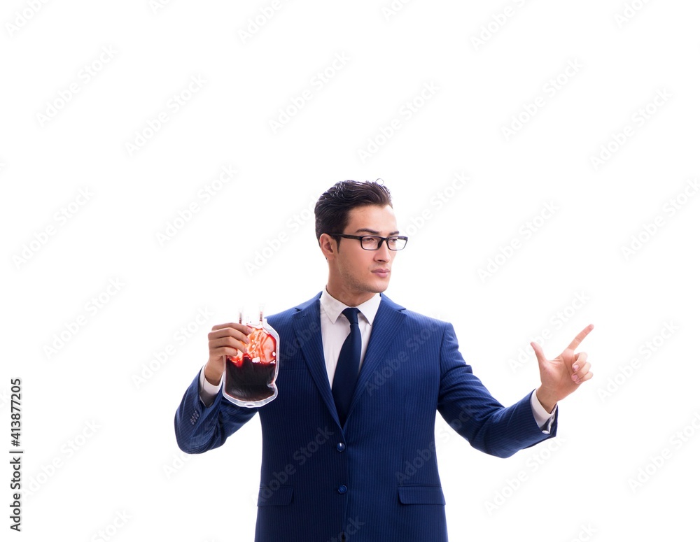 Businessman with blood bag isolated on white Businessman with blood bag isolated on white