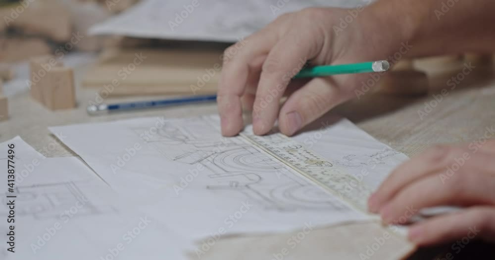 The draftsman measures the dimensions of a drawing part to make this part from natural wood in his own workshop. Close up The draftsman measures the dimensions of a drawing part to make this part from natural wood in his own workshop. Close up