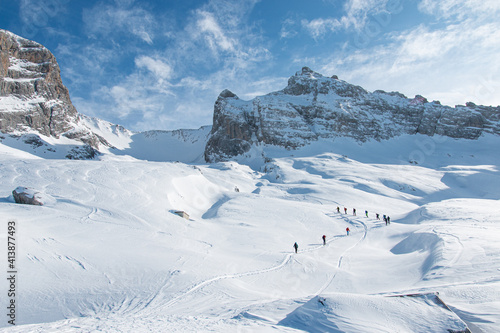Ski touring group near the Pointe percée, Aravis, French Alps