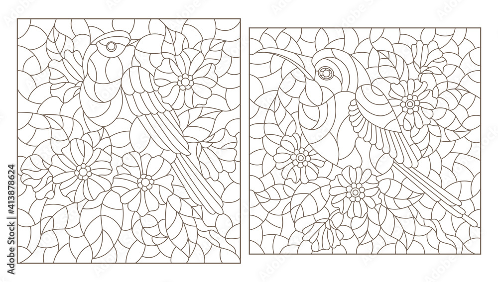 Set of contour illustrations in stained glass style with cute birds and flowers, dark outlines on a white background, rectangular images