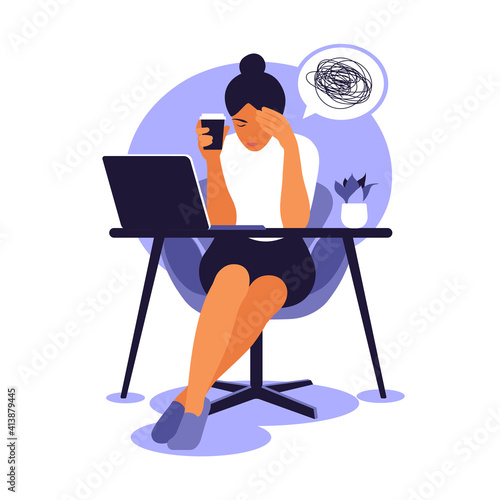 Professional burnout syndrome. Frustrated worker, mental health problems. Vector illustration in flat style.