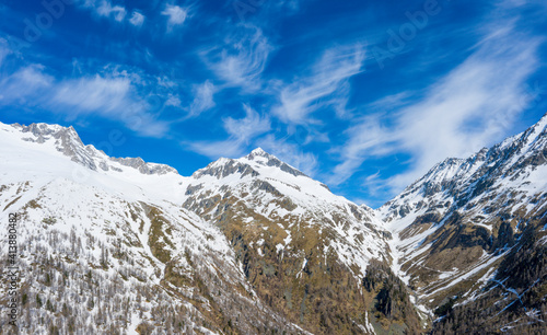 Aerial panoramic of snowy Passo Muretto, Valmalenco, Lombardy, Italy photo