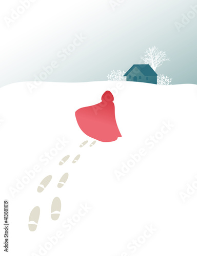 Snowy landscape, little house and trees in the background, image of a person with a red hood in the distance. Footprints on snow