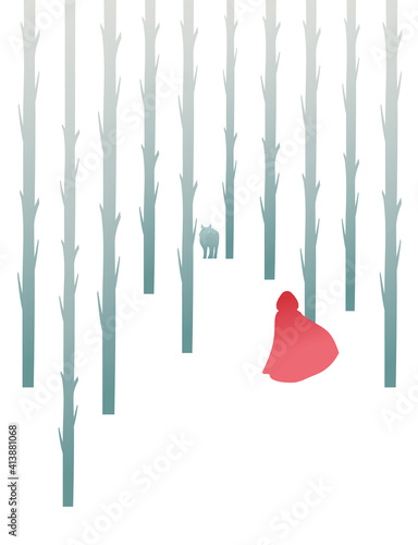 Winter landscape forest of logs, wolf hiding in the background and red hood silhouette