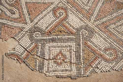 Detail of antique mosaic in Shoham Forest Park. Israel.