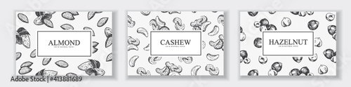 Cards with different nuts, almond, cashew, hazelnut.