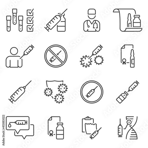 Coronavirus vaccination simple icons set. Linear images of 16 icons including drug development, infection protection, certification. Isolated vector on a pure white background.