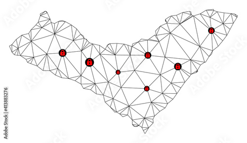 Polygonal mesh lockdown map of Alagoas State. Abstract mesh lines and locks form map of Alagoas State. Vector wire frame 2D polygonal line network in black color with red locks.