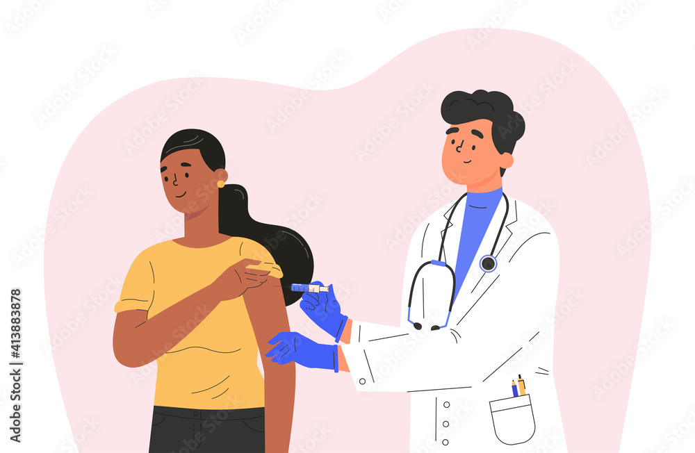 Male doctor makes a vaccine to female patient. Concept illustration for immunity health. Covid vaccine. Doctor in a medical gown and gloves. Flat illustration isolated on white background. 