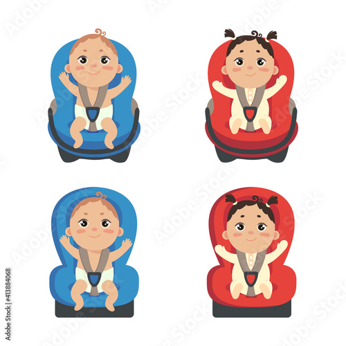 Baby girl and boy sitting in automobile seat. Set of car chair for baby. Front view of carseat. Vector illustration on white background. 